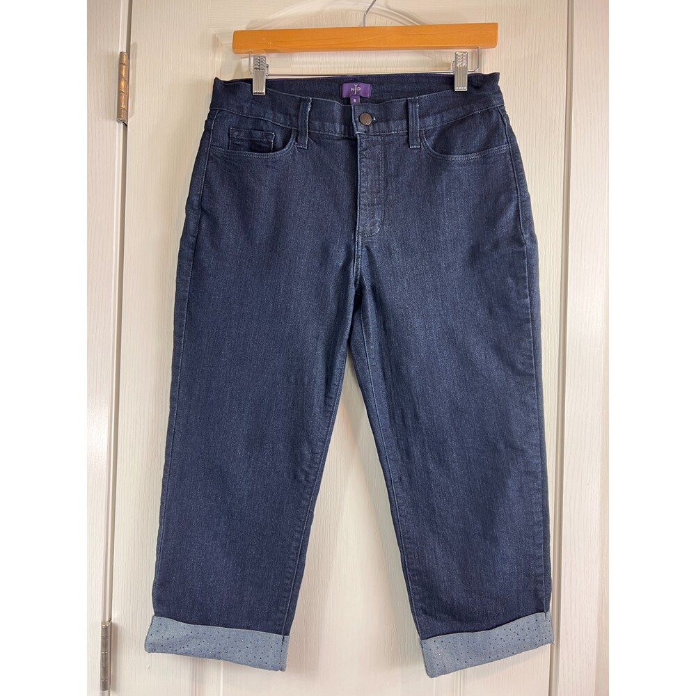 NYDJ Alyssia Rhinestone Cuffed Crop Jeans Dark Wash Women's Size 8